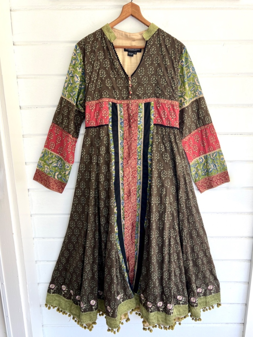 STUNNING! Vintage J. PETERMAN Embellished Block Print Indian Maxi Dress - L